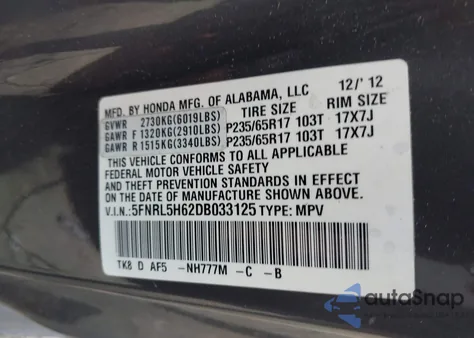2013 Honda Odyssey Ex-L from USA, damaged, VIN 5FNRL5H62DB033125